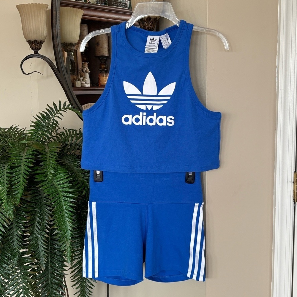 Adidas 2-Piece Blue & White 3-Stripe Racerback Tank Top & Shorts Workout Set - Picture 14 of 14